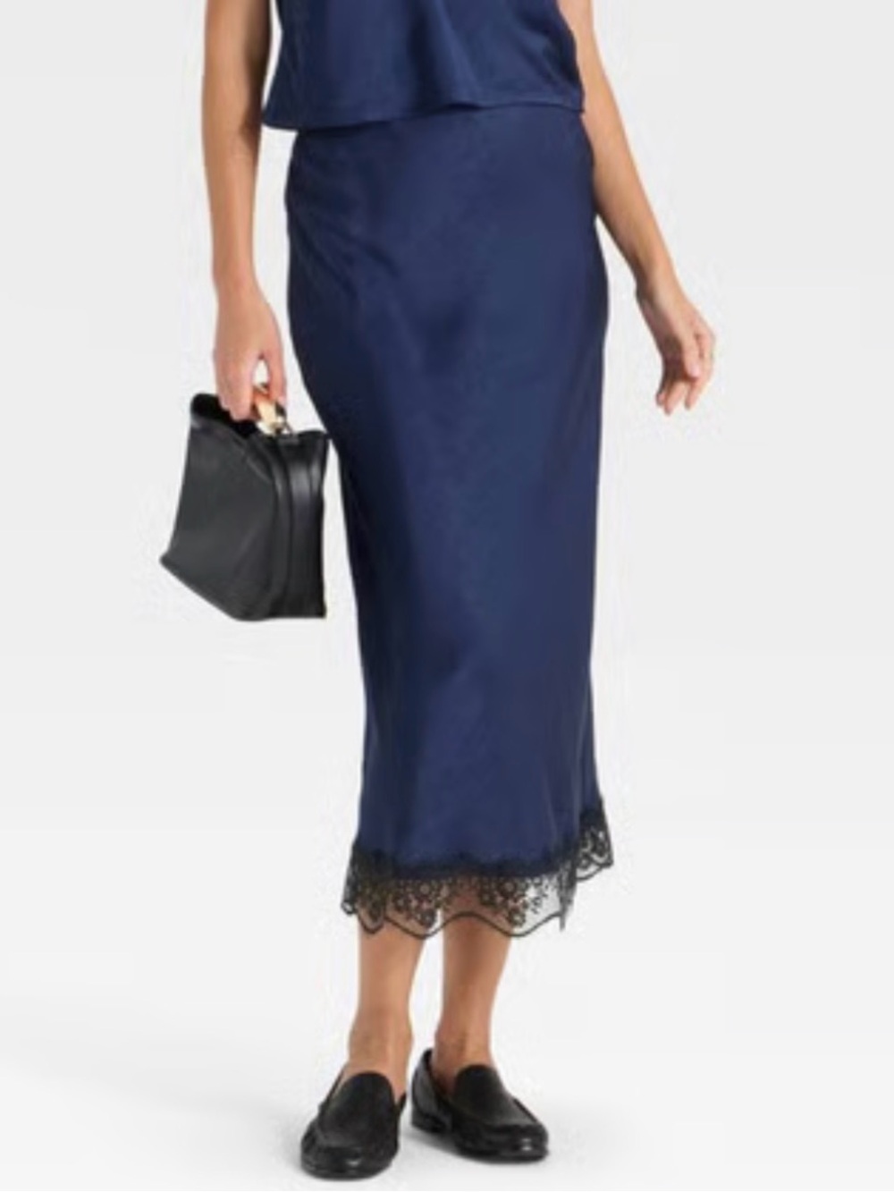 NWT Women's Satin Lace Trim Midi Skirt in Navy Blue Whimsigoth Wiccan A New Day